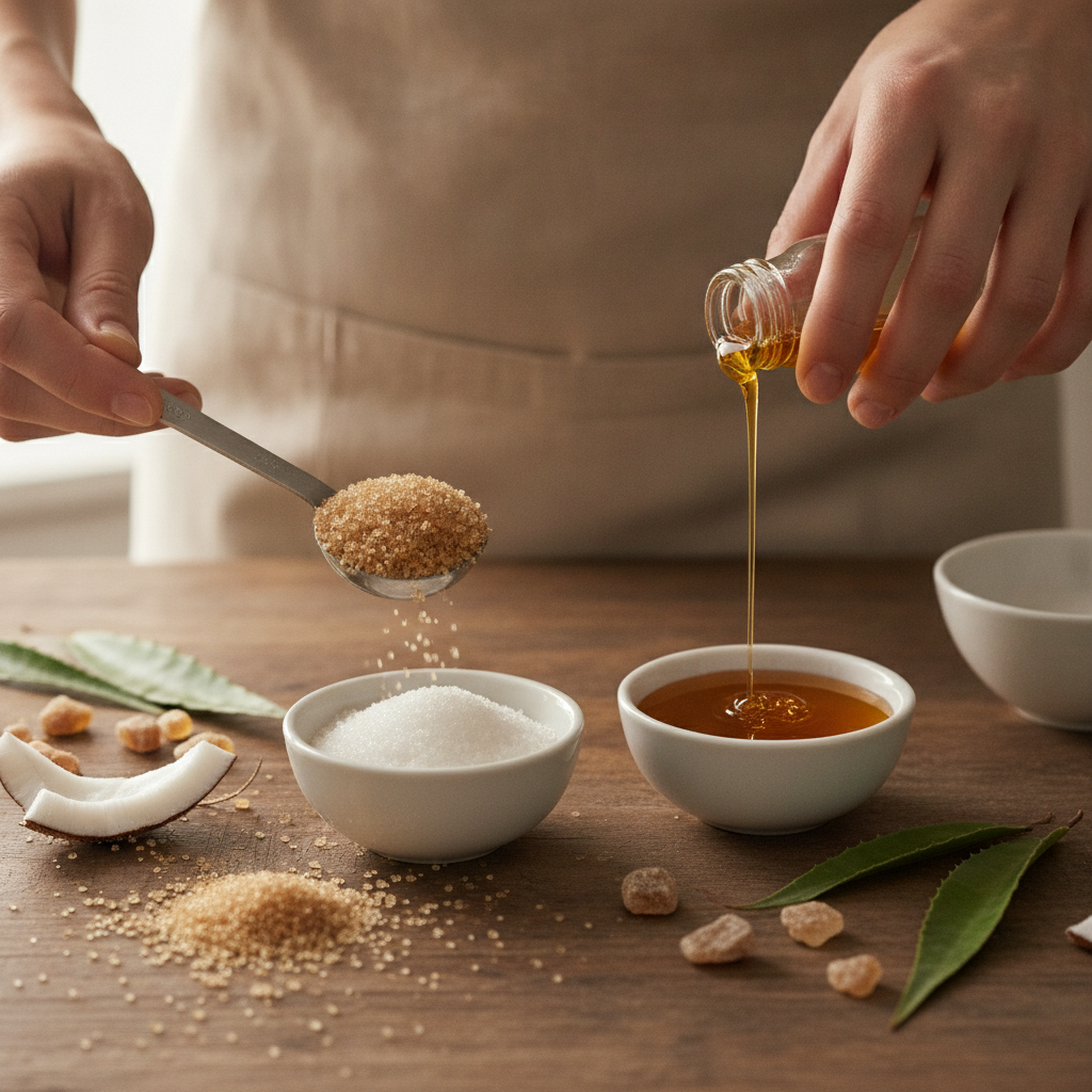 Confeiteira medindo açúcares naturais para uma receita, destacando um estilo de vida saudável e ingredientes alternativos.
