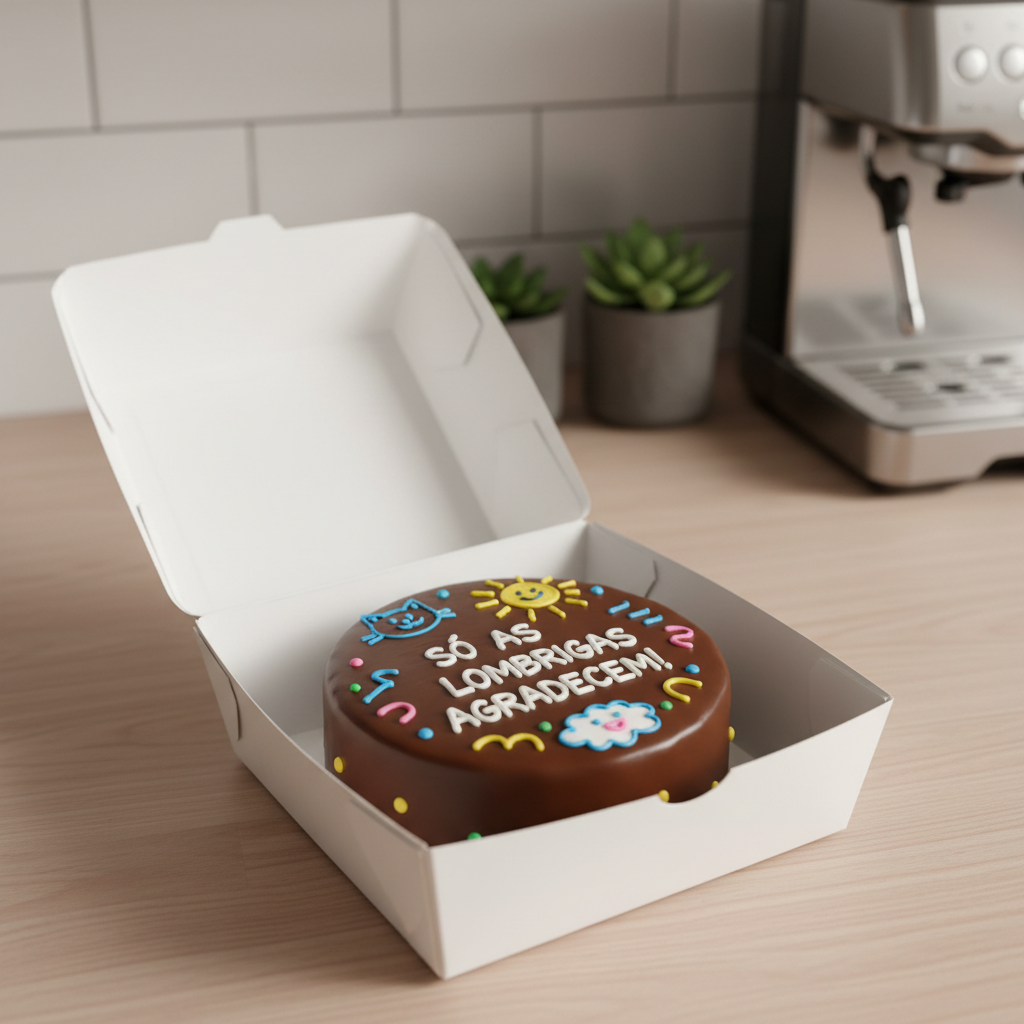 Bento Cake de chocolate decorado em uma marmitinha de isopor com escrita colorida.