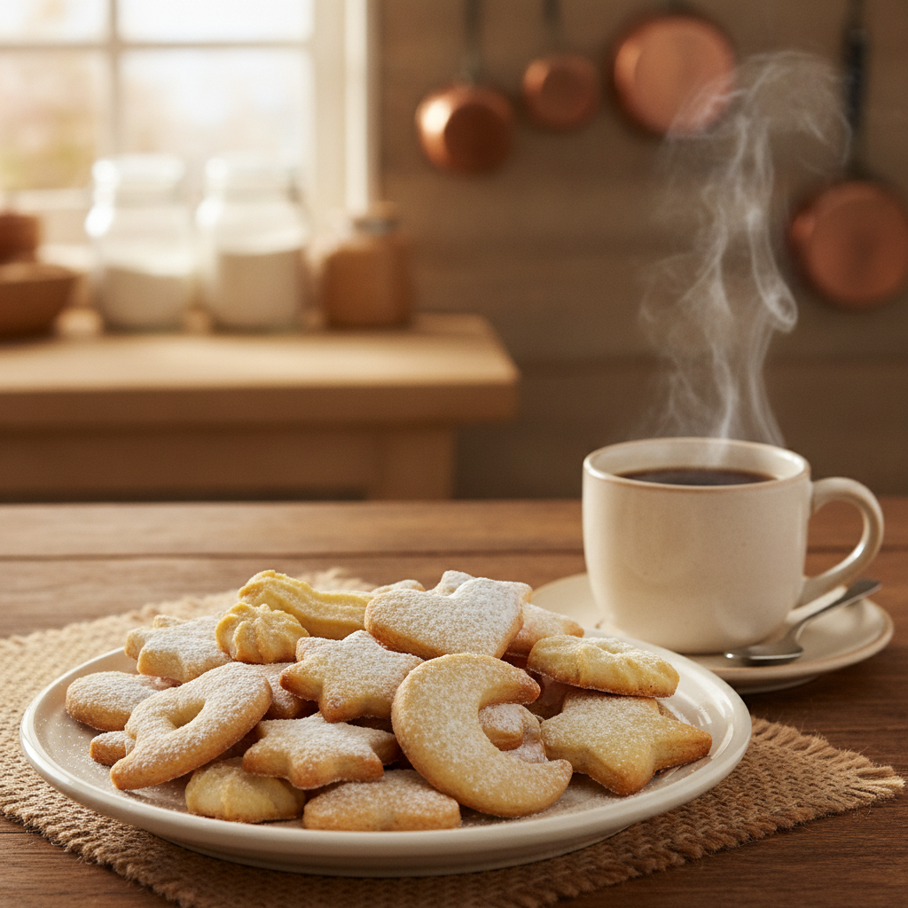 Biscoitos amanteigados variados em prato branco com uma xícara de café ao fundo.