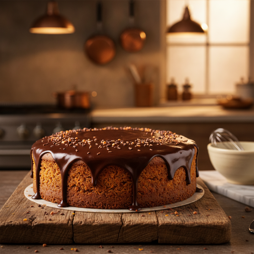 Bolo de cenoura fofo com cobertura de brigadeiro cremoso e raspas de chocolate.