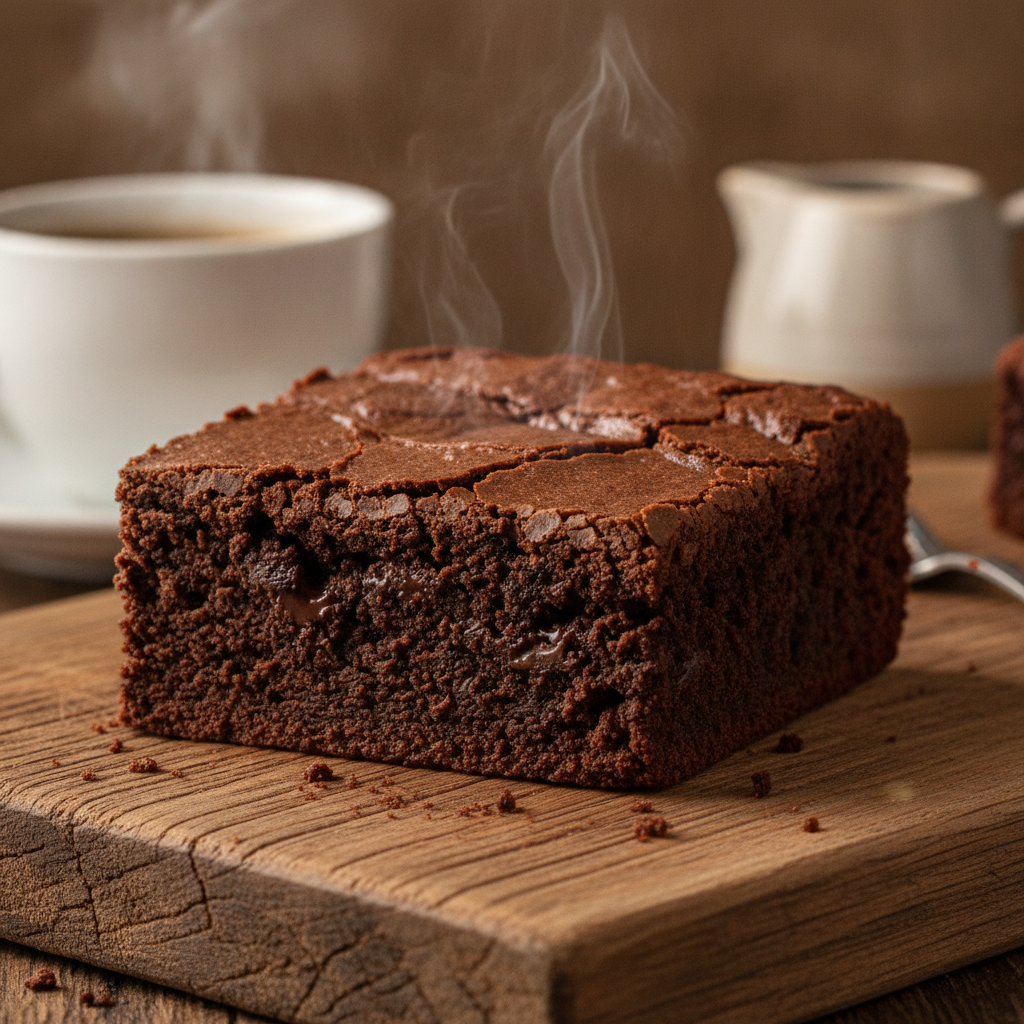 Fatia de brownie perfeito com casquinha crocante, recheio úmido e gotas de chocolate.