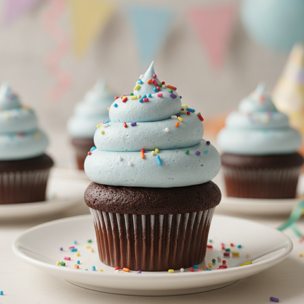 Cupcake de chocolate com cobertura de buttercream colorido e granulados.