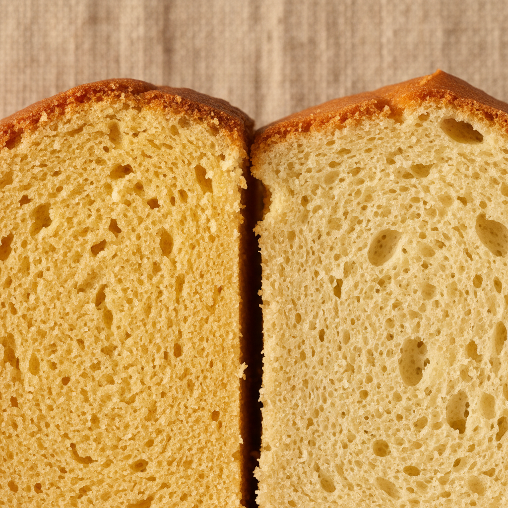 Lado a lado de fatias de bolo amanteigado e pão de ló mostrando as diferenças técnicas.