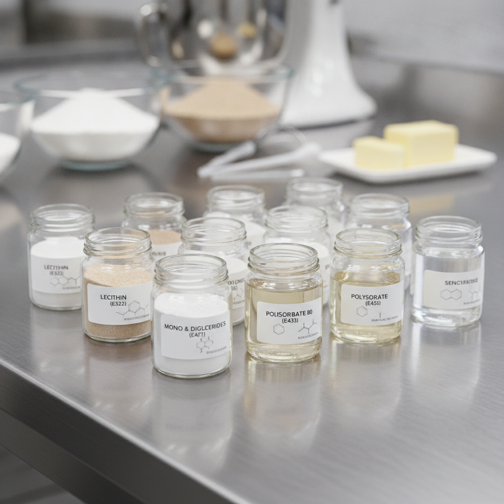 Diversos emulsificantes em pó e líquidos em bancada de laboratório de confeitaria.