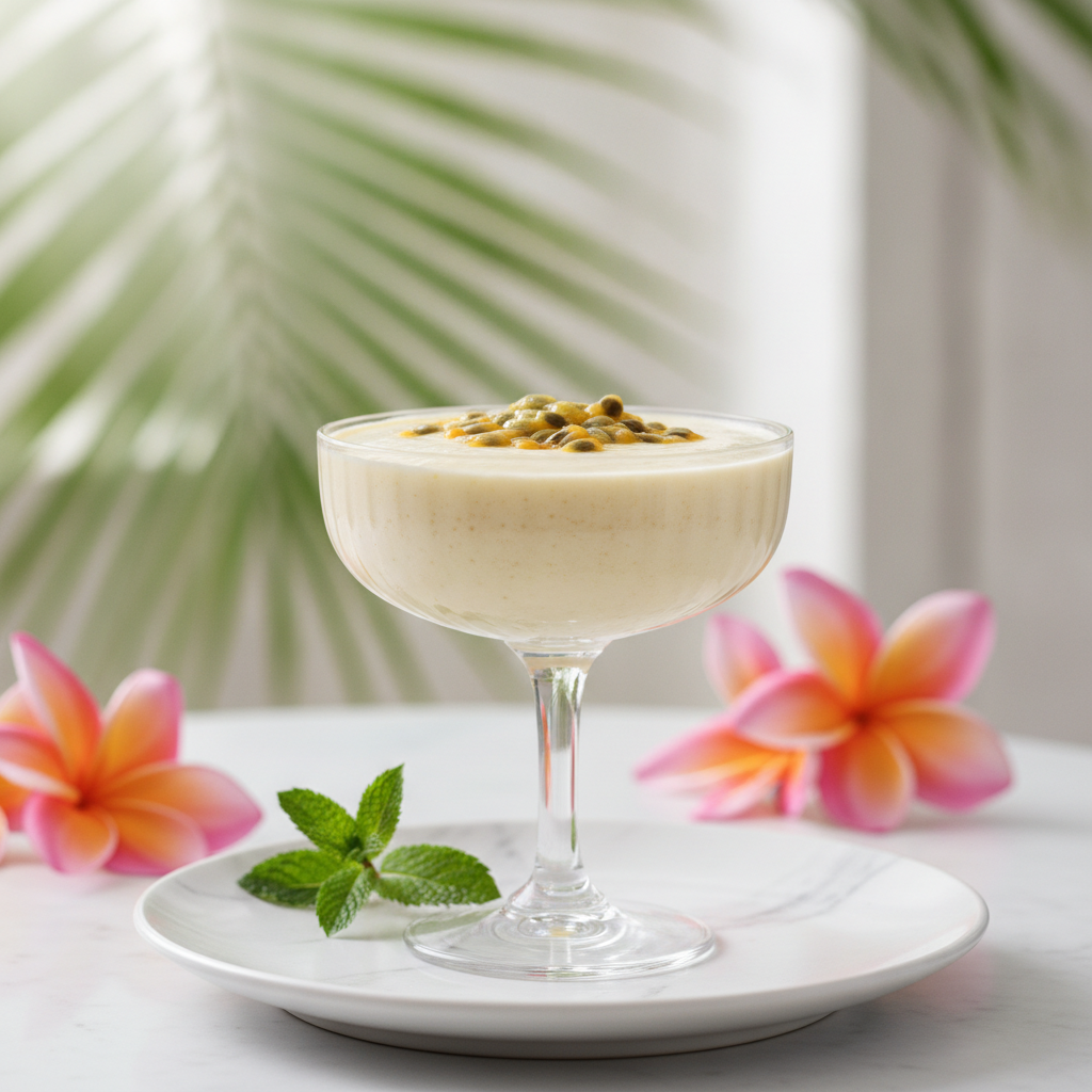 Mousse de maracujá cremosa em taça de vidro com sementes e folhas de hortelã.
