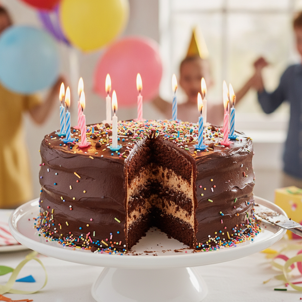 Bolo de aniversário de chocolate com recheio cremoso e cobertura de granulado.