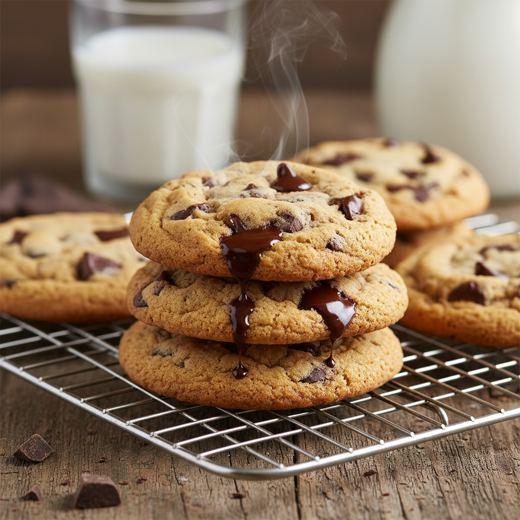 Cookies de chocolate crocantes empilhados com gotas de chocolate derretendo.