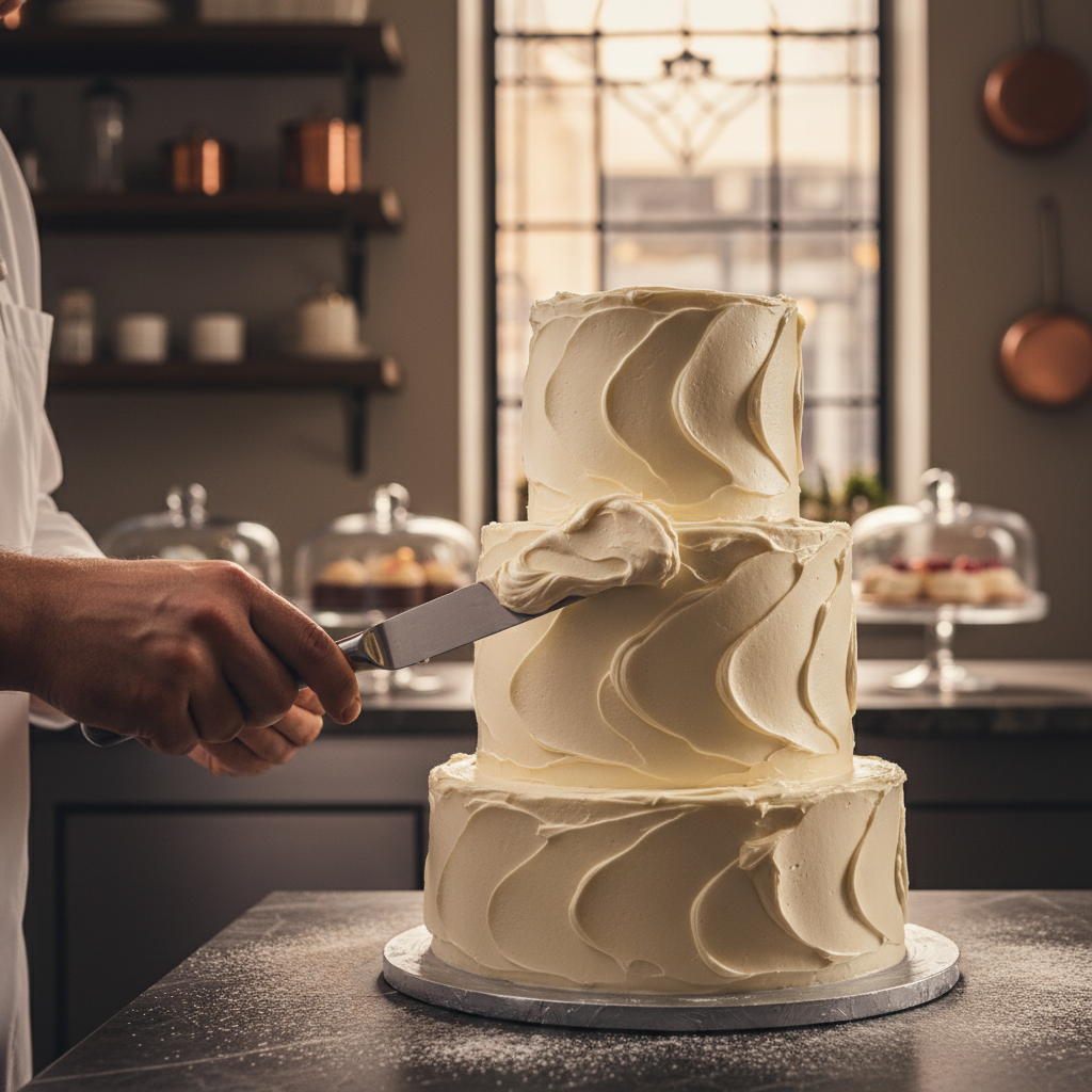 Mãos de chef confeiteiro finalizando um bolo com técnicas de confeitaria profissional.