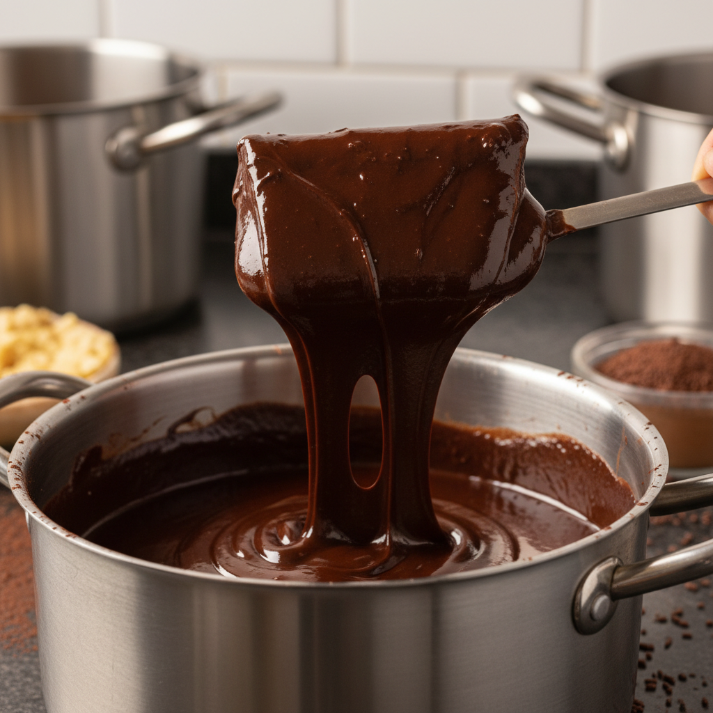 Recheio de brigadeiro gourmet cremoso em uma panela profissional de fundo triplo.