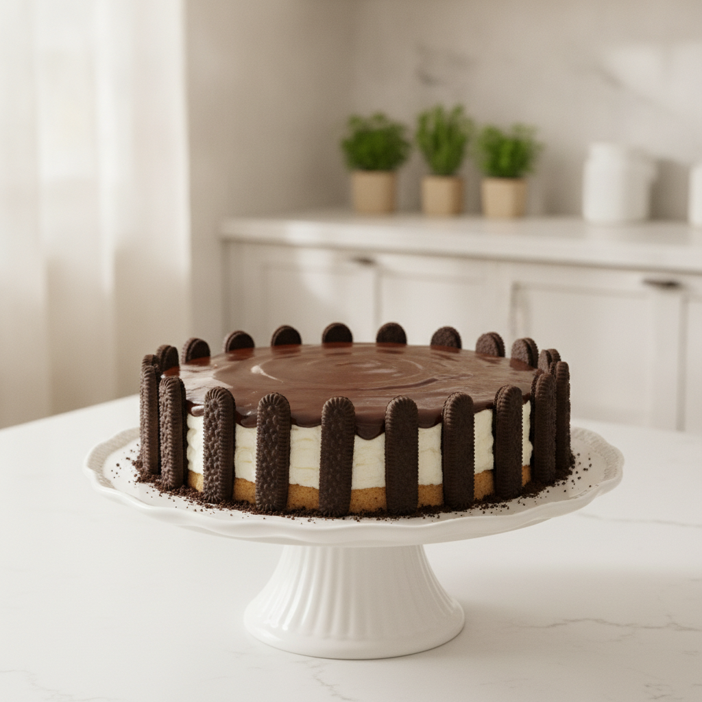 Torta Holandesa clássica com biscoitos Calipso na lateral e cobertura de ganache.