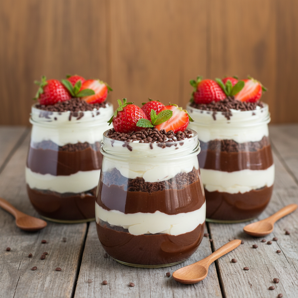 Bolo no pote gourmet de diferentes sabores empilhados em vitrine.