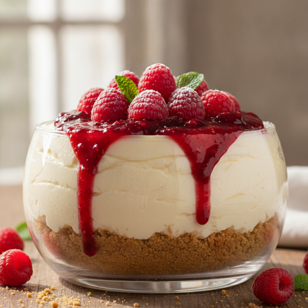 Cheesecake de frutas vermelhas sem forno em taça de vidro, com calda brilhante.