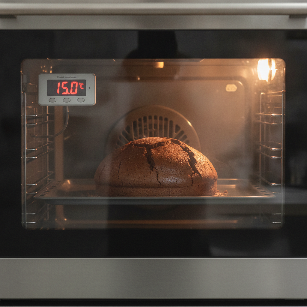Bolo de chocolate assando perfeitamente dentro de um forno com termômetro.