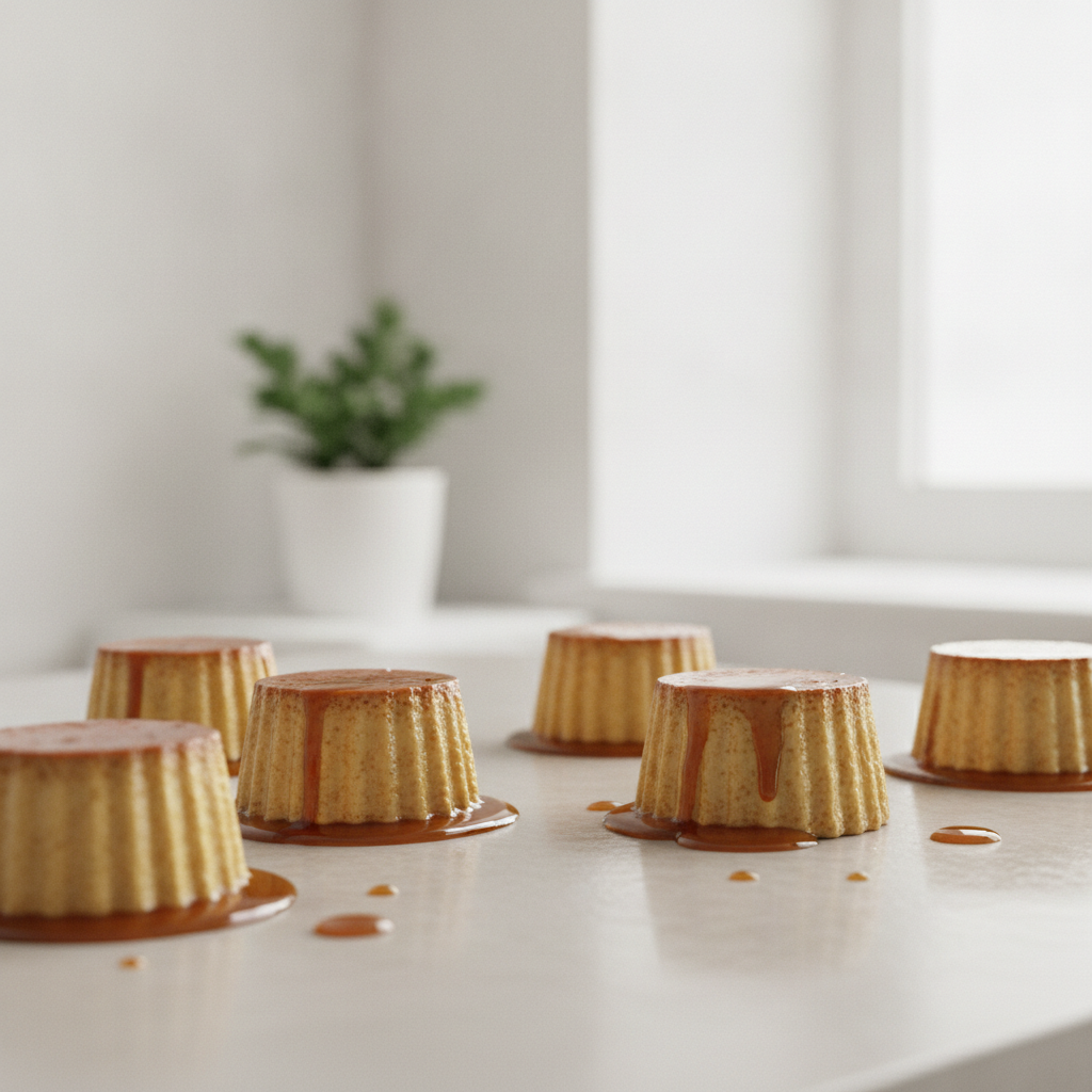 Mini pudim de leite condensado com calda de caramelo escorrendo, em forminhas individuais.