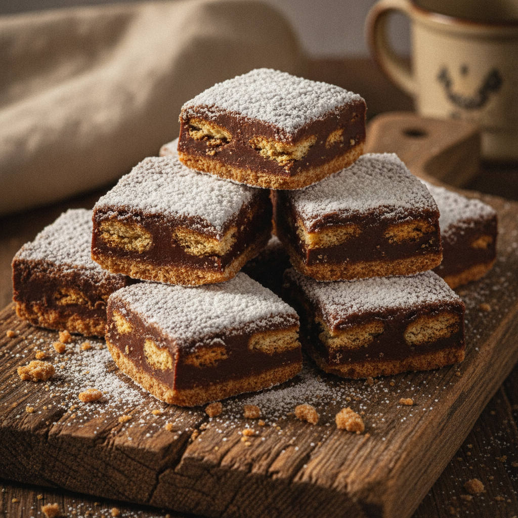 Palha Italiana gourmet com pedaços de biscoito e açúcar impalpável polvilhado.